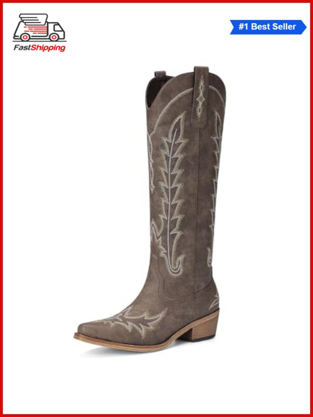 ✨ Rivalran Knee High Pointed Toe Chunky Heel Pull On Zip Western Cowboy Boots